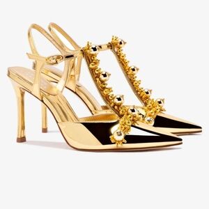 Gold and Black Embellished Women's Heels
